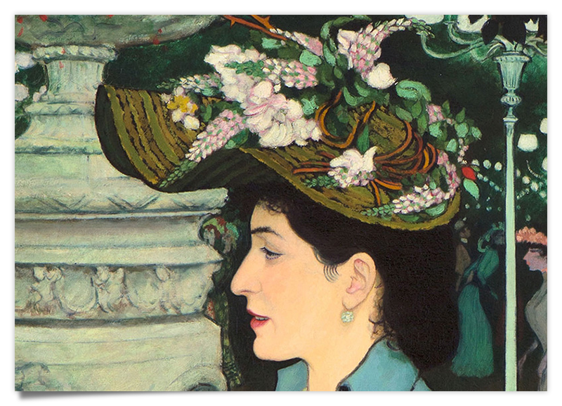 Elegante Frau mit Blumen Hut - Jugendstil Kunstdruck