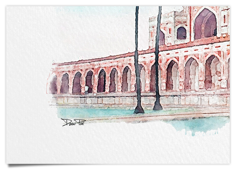 Humayun Mausoleum - Indien - Aquarell Kunstdruck