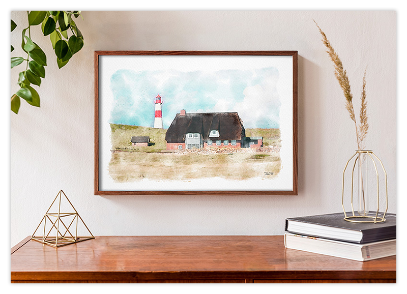 Leuchtturm auf Sylt - Nordsee - Aquarell Kunstdruck