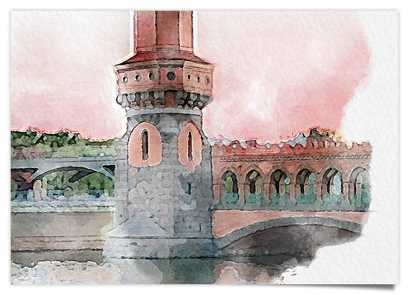 Oberbaumbrücke Berlin Kreuzberg - Aquarell Kunstdruck