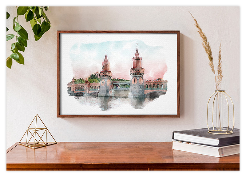 Oberbaumbrücke Berlin Kreuzberg - Aquarell Kunstdruck